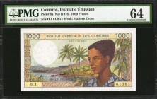 COMOROS. Institut d'Emission. 1000 Francs, ND (1976). P-8a. PMG Choice Uncirculated 64.
Second highest denomination of series. Face with woman-palm t...