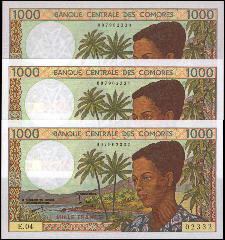 COMOROS. Lot of (3). Banque Centrale des Comores. 1000 Francs, 1994. P-11b. Cons...