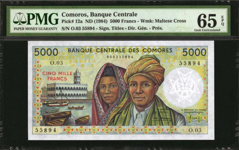 COMOROS. Banque Centrale des Comores. 5000 Francs, ND (1984). P-12a. PMG Gem Unc...