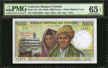 COMOROS. Banque Centrale des Comores. 5000 Francs, ND (1984). P-12a. PMG Gem Uncirculated 65 EPQ.
Estimate: $50.00- $100.00