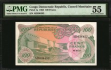 CONGO DEMOCRATIC REPUBLIC. Conseil Monetaire. 100 Francs, 1963. P-1a. PMG About Uncirculated 55.
Estimate: $150.00- $200.00