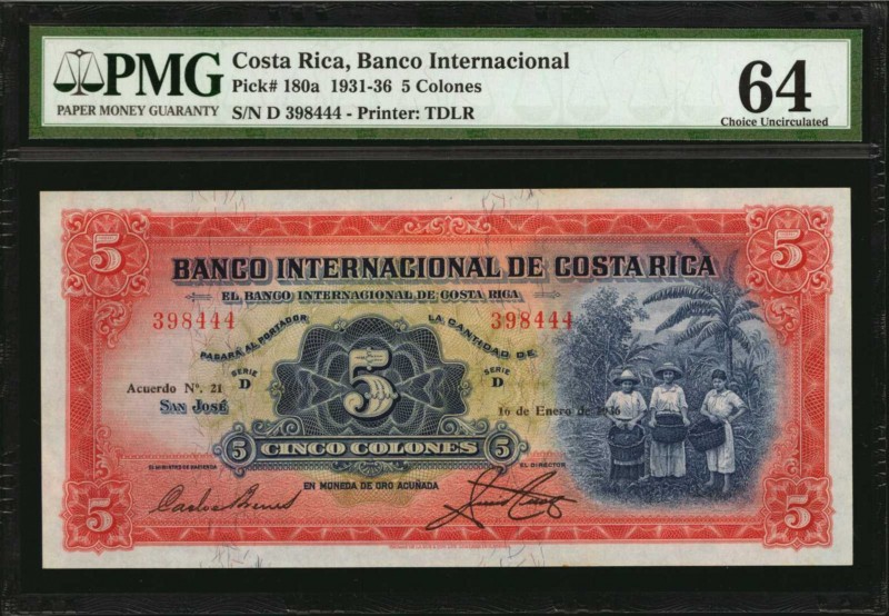 COSTA RICA. Banco Internacional de Costa Rica. 5 Colones, 1931-36. P-180a. PMG C...