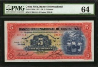COSTA RICA. Banco Internacional de Costa Rica. 5 Colones, 1931-36. P-180a. PMG Choice Uncirculated 64.
Printed by TDLR. A nearly Gem example of this ...