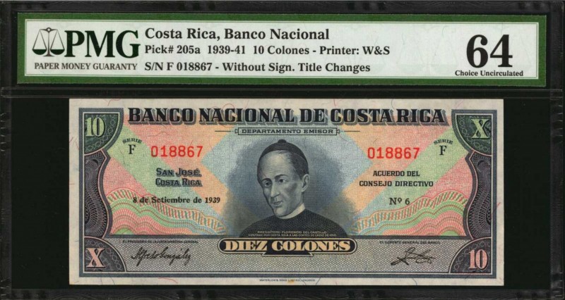 COSTA RICA. Banco Nacional. 10 Colones, 1939-41. P-205a. PMG Choice Uncirculated...