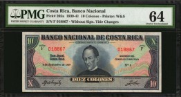 COSTA RICA. Banco Nacional. 10 Colones, 1939-41. P-205a. PMG Choice Uncirculated 64.
Printed by W&S. Without signature title changes. PMG has encapsu...