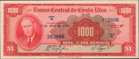 COSTA RICA. Banco Central de Costa Rica. 1000 Colones, 1974. P-226. Uncirculated.
Estimate: $100.00- $200.00