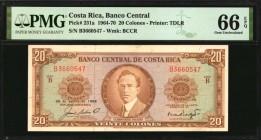 COSTA RICA. Banco Central. 20 Colones, 1964-70. P-231a. PMG Gem Uncirculated 66 EPQ.
Estimate: $100.00- $200.00