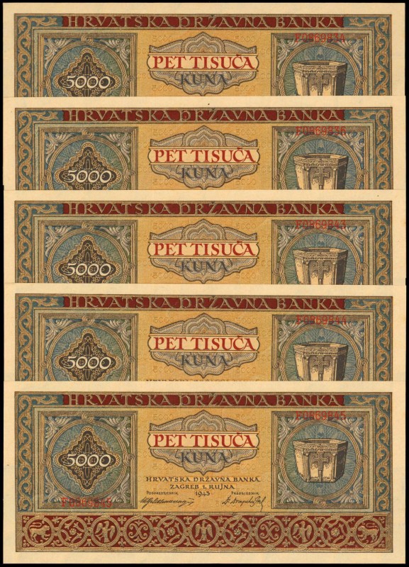 CROATIA. Lot of (5). Hrvatska Državna Banka. 5000 Kuna, 1943. P-13. About Uncirc...