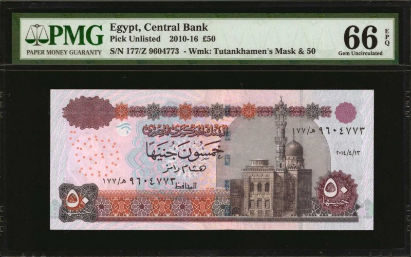 EGYPT. Central Bank. 50 Pounds, 2010-16. P-Unlisted. PMG Gem Uncirculated 66 EPQ...