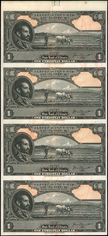 ETHIOPIA. State Bank of Ethiopia. 1 Dollar, ND (1945). P-12b. Uncut Sheet of (4)...