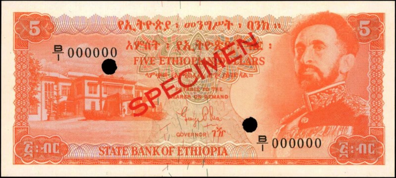 ETHIOPIA. State Bank of Ethiopia. 5 Dollars, 1961. P-19s. Specimen. Uncirculated...