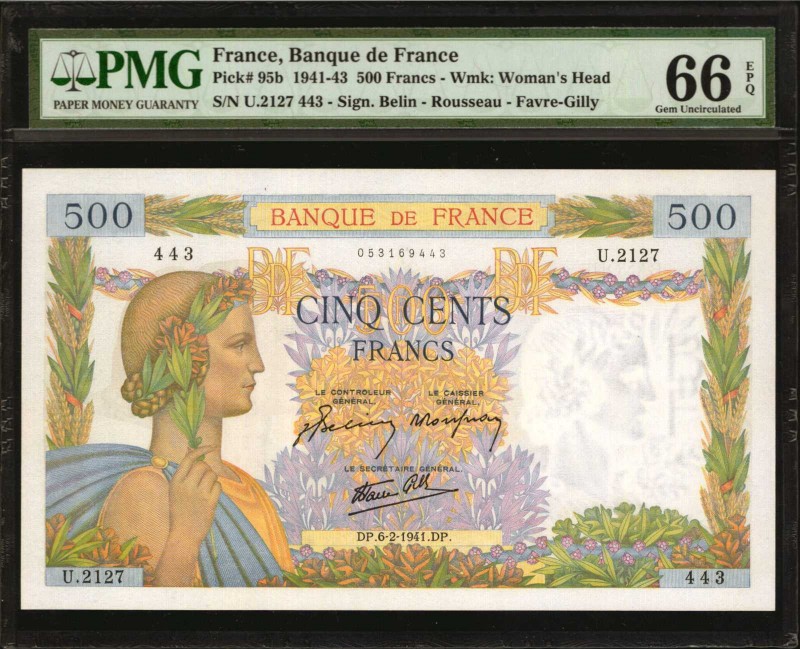 FRANCE. Banque de France. 500 Francs, 1941-43. P-95b. PMG Gem Uncirculated 66 EP...