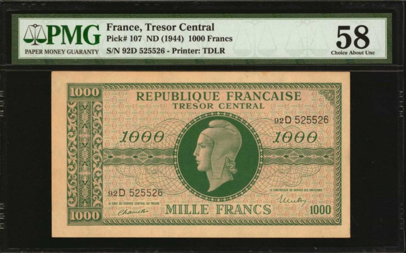 FRANCE. Tresor Central. 1000 Francs, ND (1944). P-107. PMG Choice About Uncircul...