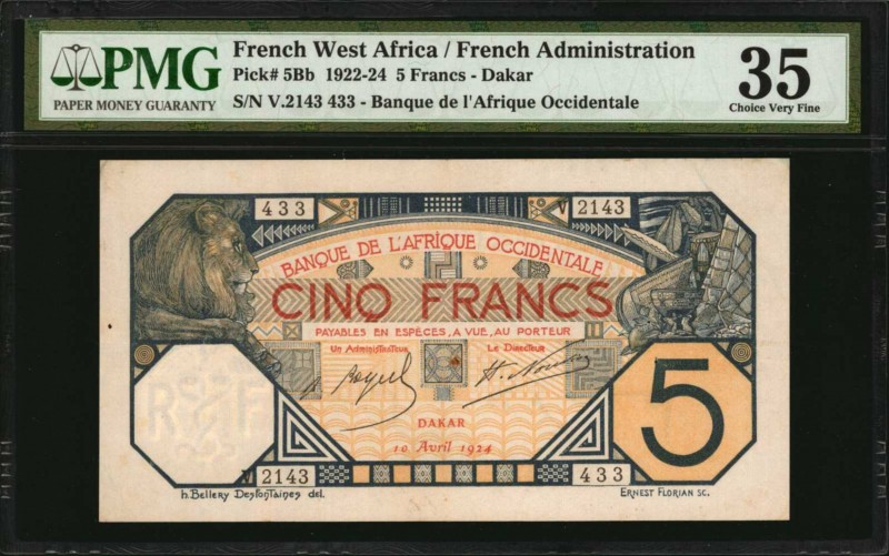 FRENCH WEST AFRICA. Banque de L'Afrique Occidentale. 5 Francs, 1922-24. P-5Bb. P...