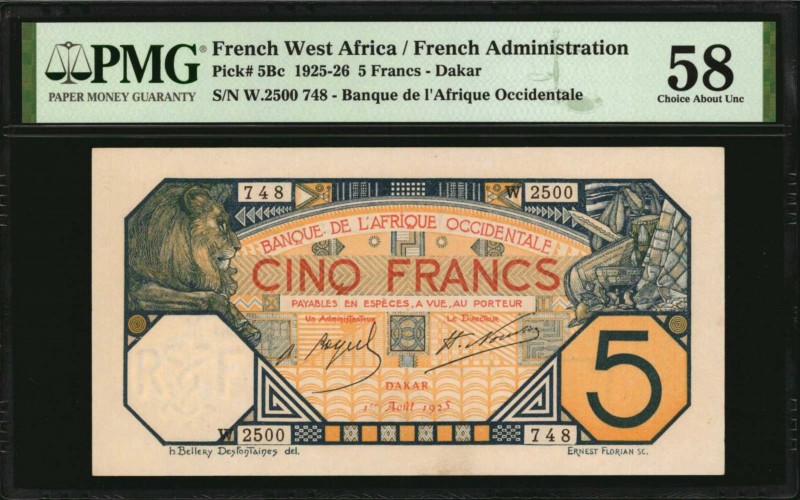 FRENCH WEST AFRICA. Banque de L'Afrique Occidentale. 5 Francs, 1925-26. P-5Bc. P...