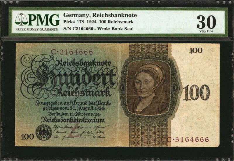 GERMANY. Reichsbanknote. 100 Reichsmark, 1924. P-178. PMG Very Fine 30.
Estimat...