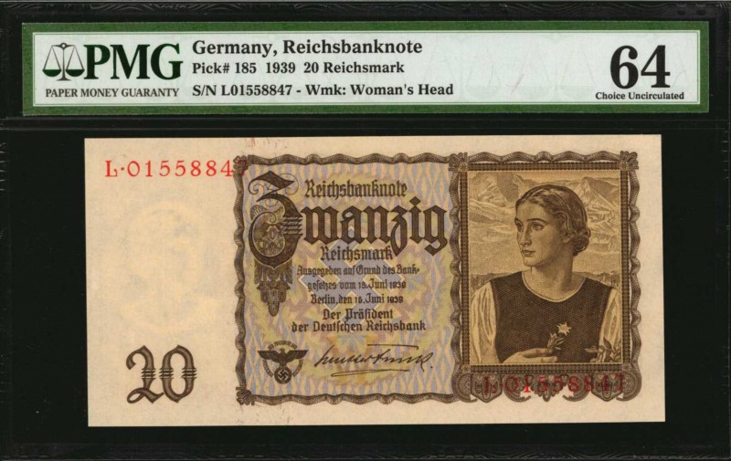 GERMANY. Reichsbanknote. 20 Reichsmark, 1939. P-185. PMG Choice Uncirculated 64....