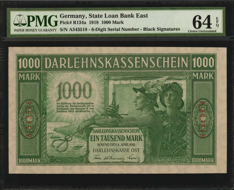 GERMANY. Lot of (2). State Loan Bank East. 1000 Mark, 1918. P-R134a. Consecutive...