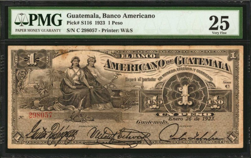 GUATEMALA. Banco Americano. 1 Peso, 1923. P-S116. PMG Very Fine 25.
PMG comment...