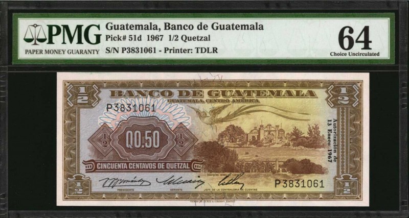 GUATEMALA. Banco de Guatemala. 1/2 Quetzal, 1967. P-51d. PMG Choice Uncirculated...