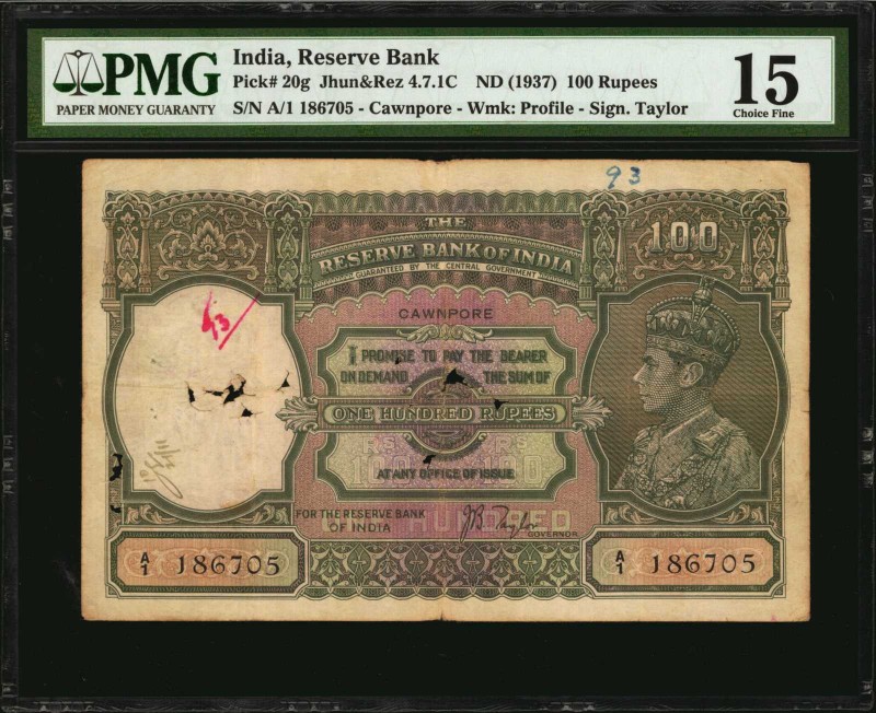 INDIA. Reserve Bank of India. 100 Rupees, ND (1937). P-20g. PMG Choice Fine 15....