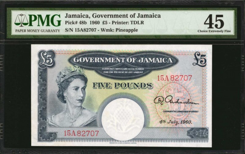 JAMAICA. Government of Jamaica. 5 Pounds, 1960. P-48b. PMG Choice Extremely Fine...