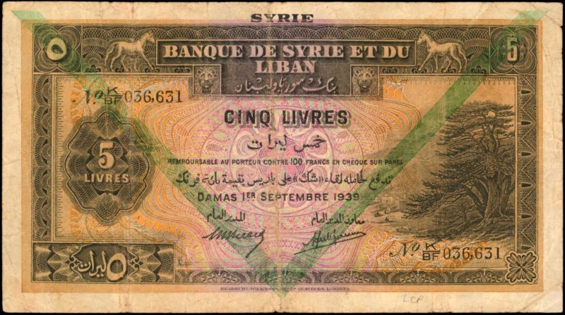 LEBANON. Banque du Syrie et du Liban. 5 Livres, 1939. P-41d. Fine.
Pinholes and...