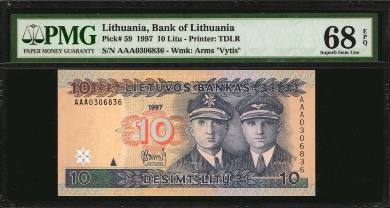 LITHUANIA. Lot of (2). Bank of Lithuania. 10 Litu, 1997-2007. P-59 & 68. PMG Sup...