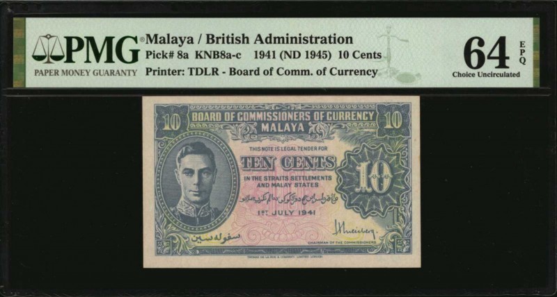 MALAYA. Board of Commissioners of Currency. 10 Cents, 1941 (ND 1945). P-8a. PMG ...