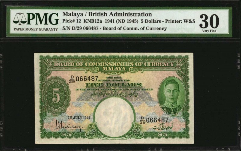 MALAYA. Board of Commissioners of Currency. 5 Dollars, 1941 (ND 1945). P-12. PMG...