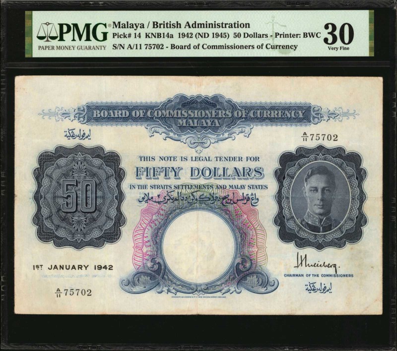 MALAYA. Board of Commissioners of Currency. 50 Dollars, 1942 (ND 1945). P-14. PM...