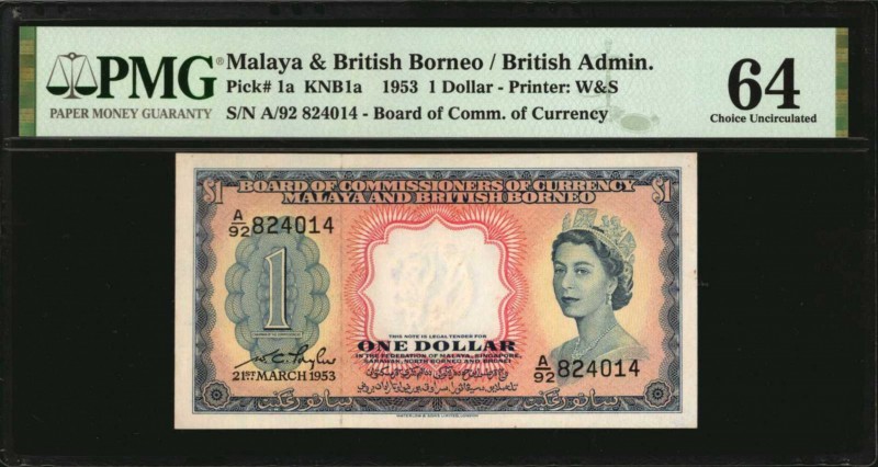 MALAYA AND BRITISH BORNEO. Lot of (3). Board of Commissioners of Currency. 1, 5 ...