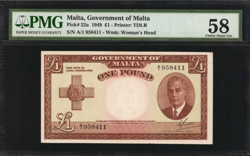 MALTA. Government of Malta. 1 Pound, 1949. P-22a. PMG Choice About Uncirculated ...