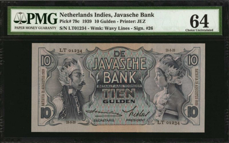 NETHERLANDS INDIES. Javasche Bank. 10 Gulden, 1939. P-79c. Fancy Serial Number. ...