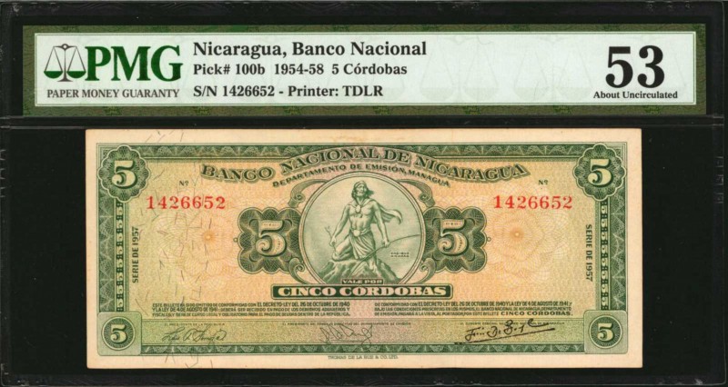 NICARAGUA. Banco Nacional. 5 Cordobas, 1954-58. P-100b. PMG About Uncirculated 5...