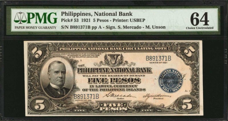 PHILIPPINES. National Bank. 5 Pesos, 1921. P-53. PMG Choice Uncirculated 64.
Es...