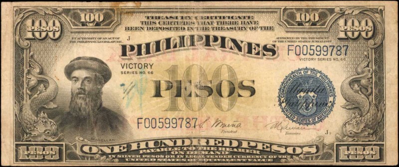 PHILIPPINES. Treasury of The Philippines. 100 Pesos, 1949. P-123b. Very Fine.
A...