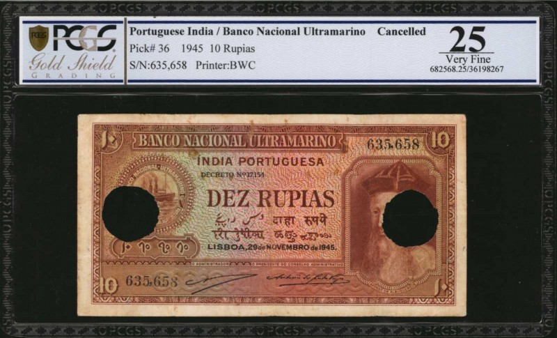 PORTUGUESE INDIA. Banco Nacional Ultramarino. 10 Rupias, 1945. P-36. PCGS GSG Ve...