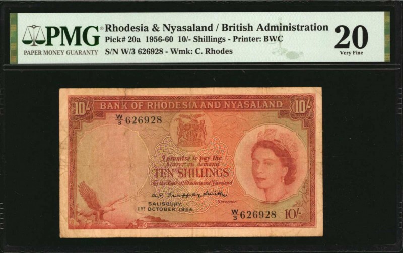 RHODESIA & NYASALAND. Bank of Rhodesia and Nyasaland. 10 Shillings, 1956-60. P-2...