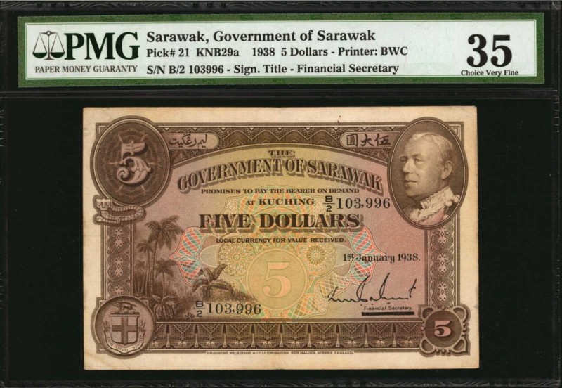 SARAWAK. Government of Sarawak. 5 Dollars, 1938. P-21. PMG Choice Very Fine 35....