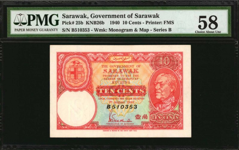 SARAWAK. Government of Sarawak. 10 Cents, 1940. P-25b. PMG Choice About Uncircul...