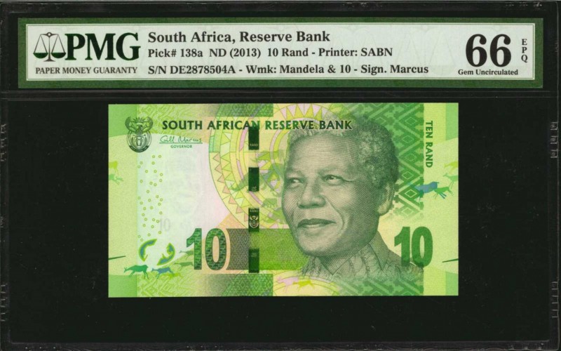 SOUTH AFRICA. Reserve Bank. 10 Rand, ND (2013). P-138a. PMG Gem Uncirculated 66 ...