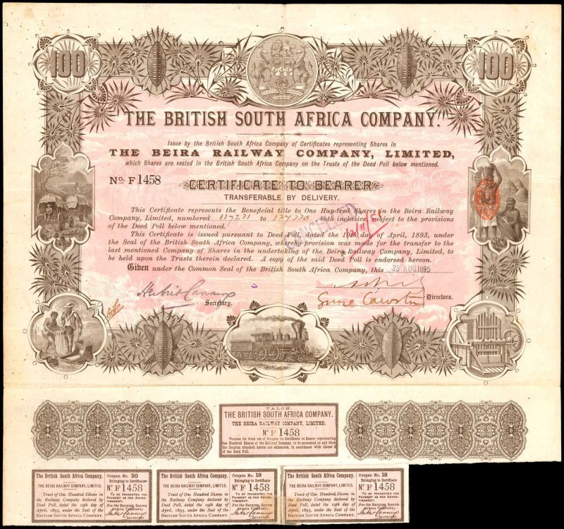 SOUTH AFRICA. British South Africa Beira Railway Company Bond. 100 Shares, 1895....