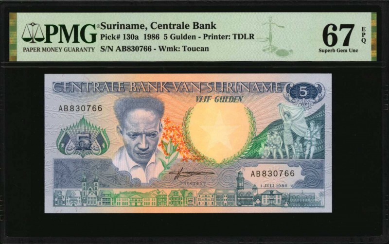 SURINAME. Lot of (6). Centrale Bank. 5 to 500 Gulden, 1986. P-130a to 135a. PMG ...