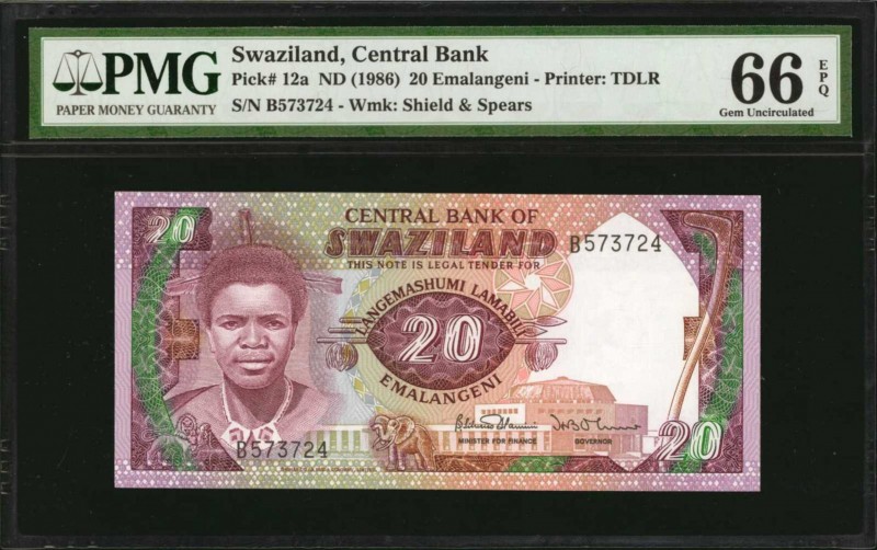 SWAZILAND. Central Bank. 20 Emalangeni, ND (1986). P-12a. PMG Gem Uncirculated 6...