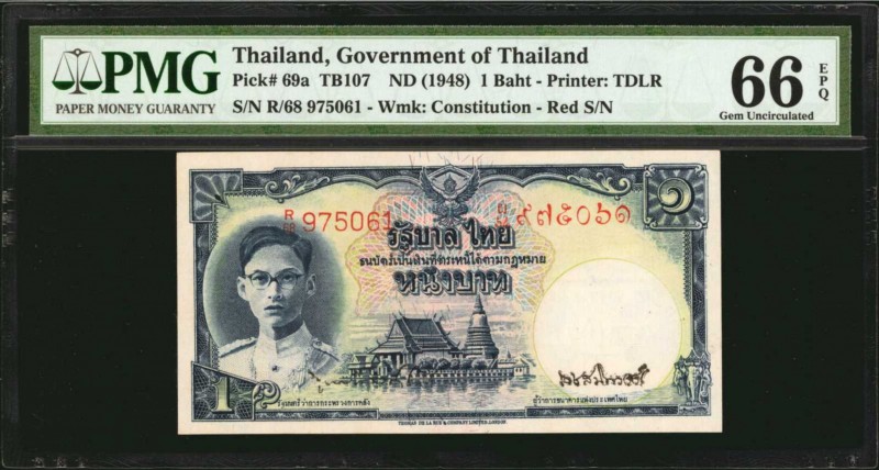 THAILAND. Government of Thailand. 1 Baht, ND (1948). P-69a. PMG Gem Uncirculated...