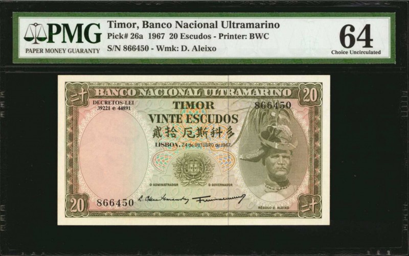 TIMOR. Banco Nacional Ultramarino. 20 Escudos, 1967. P-26a. PMG Choice Uncircula...