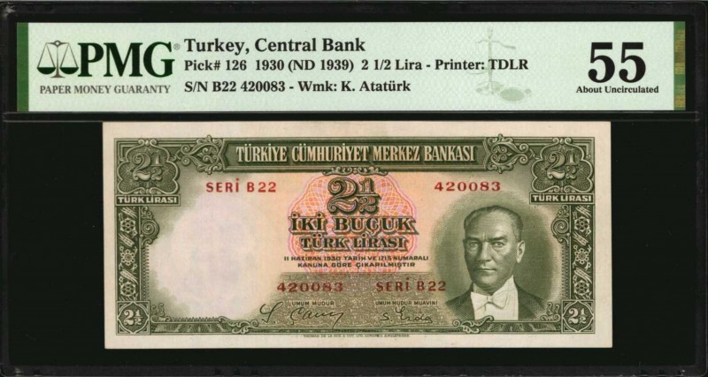 TURKEY. Central Bank. 2 1/2 Lira, 1930. P-126. PMG About Uncirculated 55.
Print...