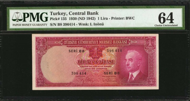 TURKEY. Central Bank. 1 Lira, 1930 (ND 1942). P-135. PMG Choice Uncirculated 64....