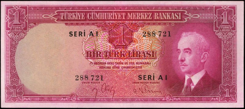 TURKEY. Turkiye Cumhuriyet Merkez Bankasi. 1 Lira, 1942. P-135. About Uncirculat...